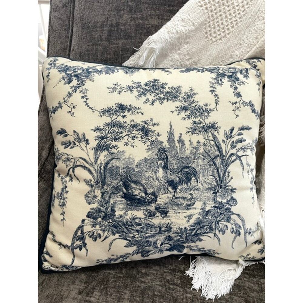 French Country Toile Rooster Farmhouse Accent Pillow Blue White 15x15 Cotton - Picture 2 of 7
